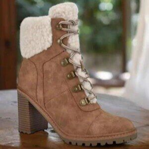 Nine West Penni Women’s Brown Sherpa Lined Faux Leather Ankle Boots | Size 7